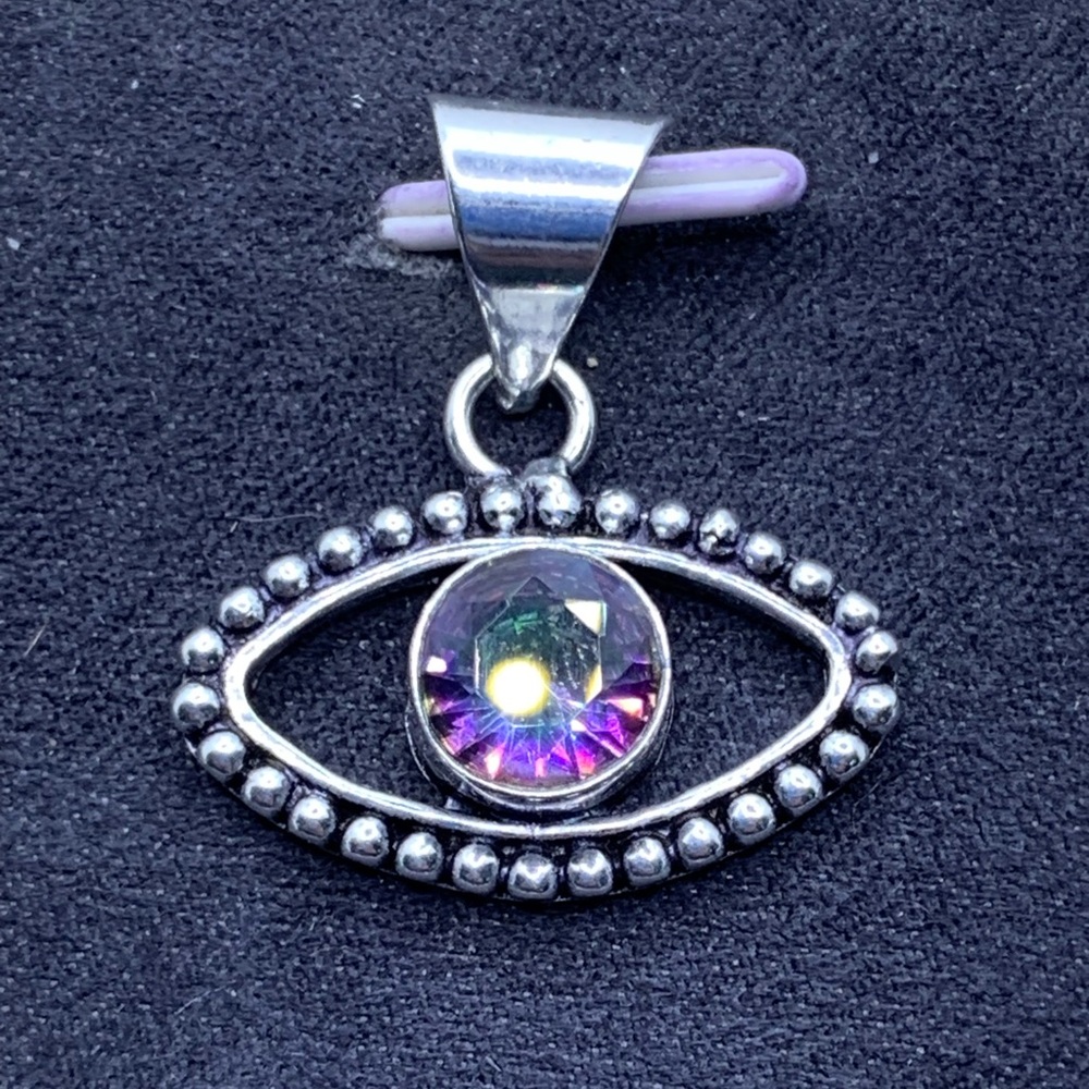 Mystic Topaz Lucky “Evil Eye” Pendant! .925 Sterling Silver Overlay, Handmade! - Picture 2 of 16